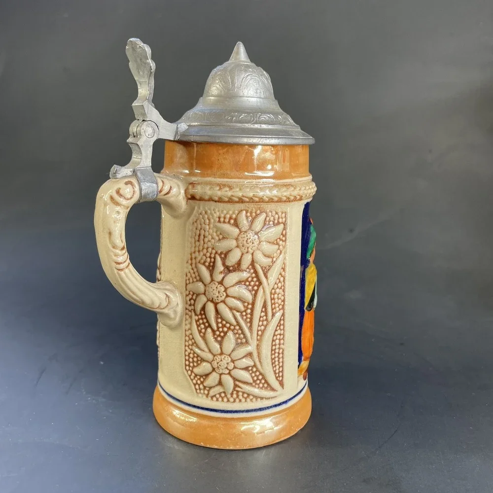 Small Vintage German Lidded Mini Beer‎ Stein Tavern Scene Floral